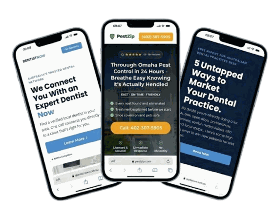 Three mobile phones displaying high-converting Bedrok landing pages.